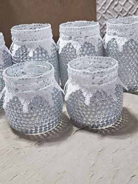 Sparkling Rhinestone Mason Jars with White Lace Trim
